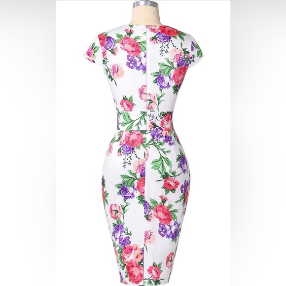 Retro Floral Print Knee Length Bodycon Dress - Picture 2 of 9